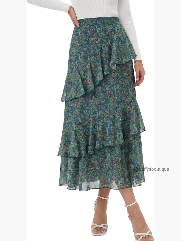 Boho Flowy Maxi Skirt Elastic Waist Flared Ruffle A-Line Summer